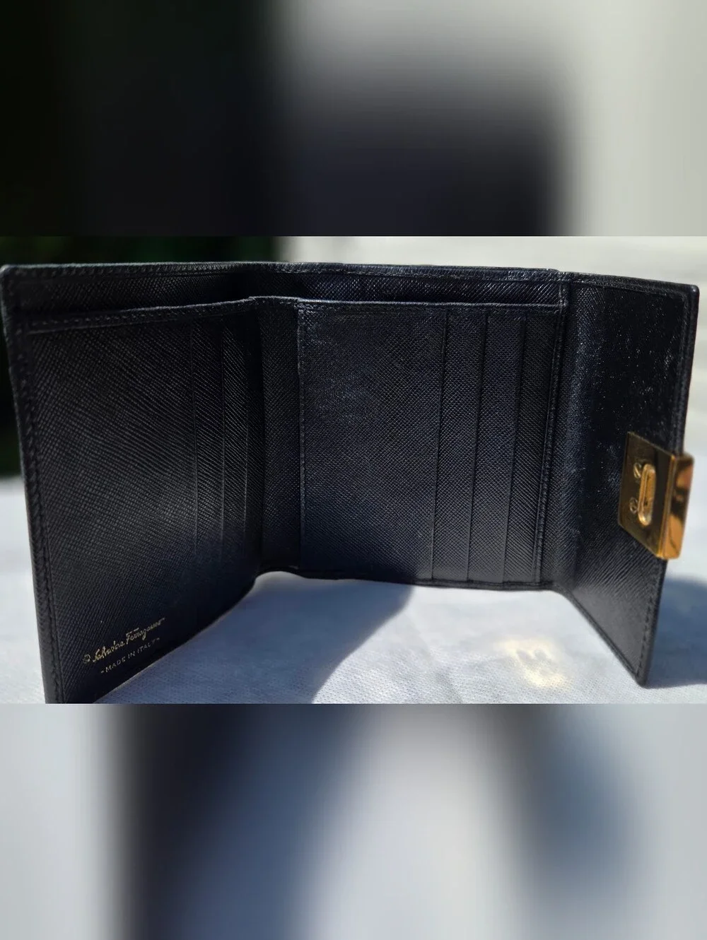 Like NEW Salvatore Ferragamo Women's Navy Kiss Lock  Tri-Fold Wallet